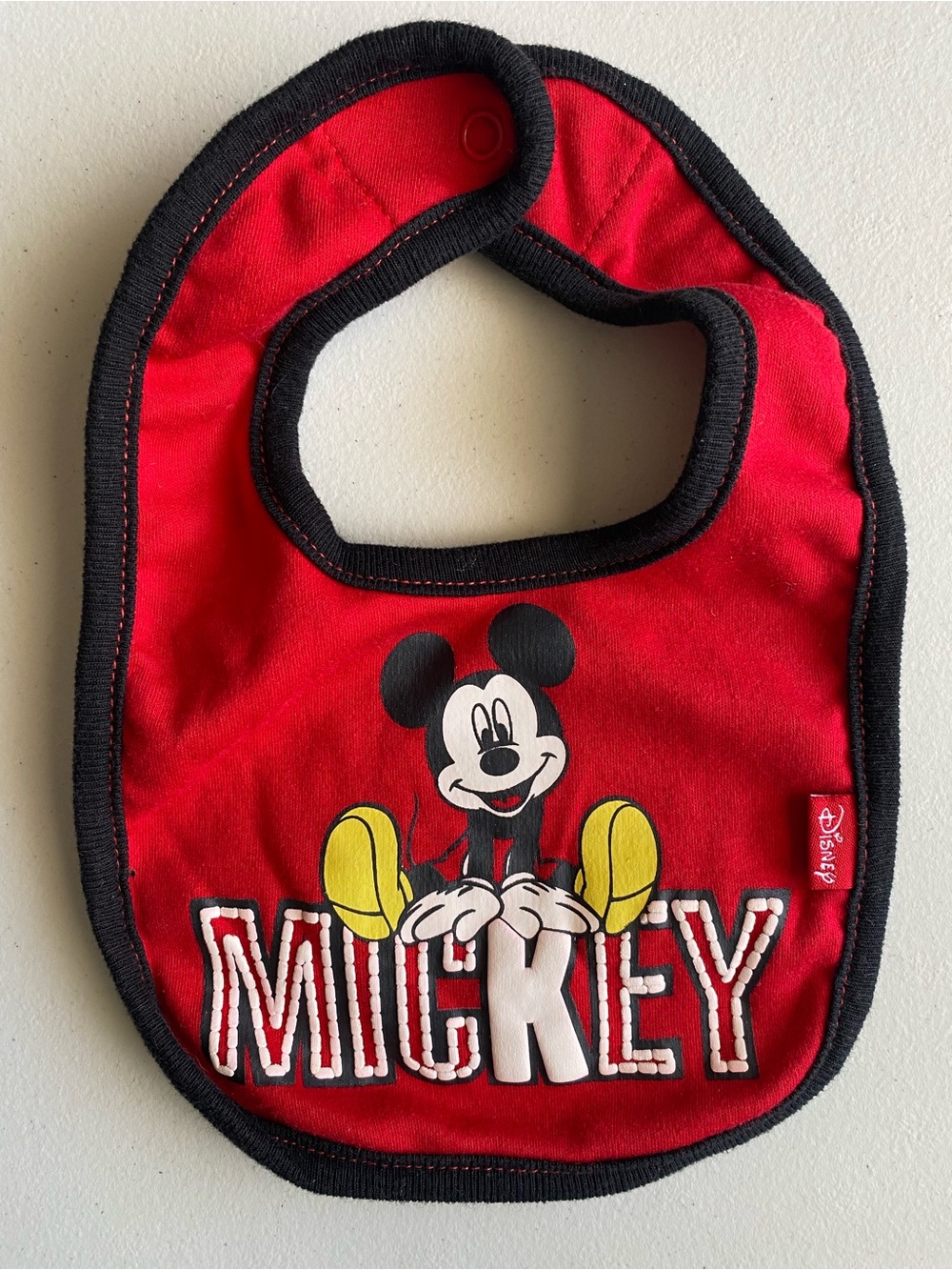 Disney Mickey Mouse Baby Bib Red Black Textured Logo Graphic